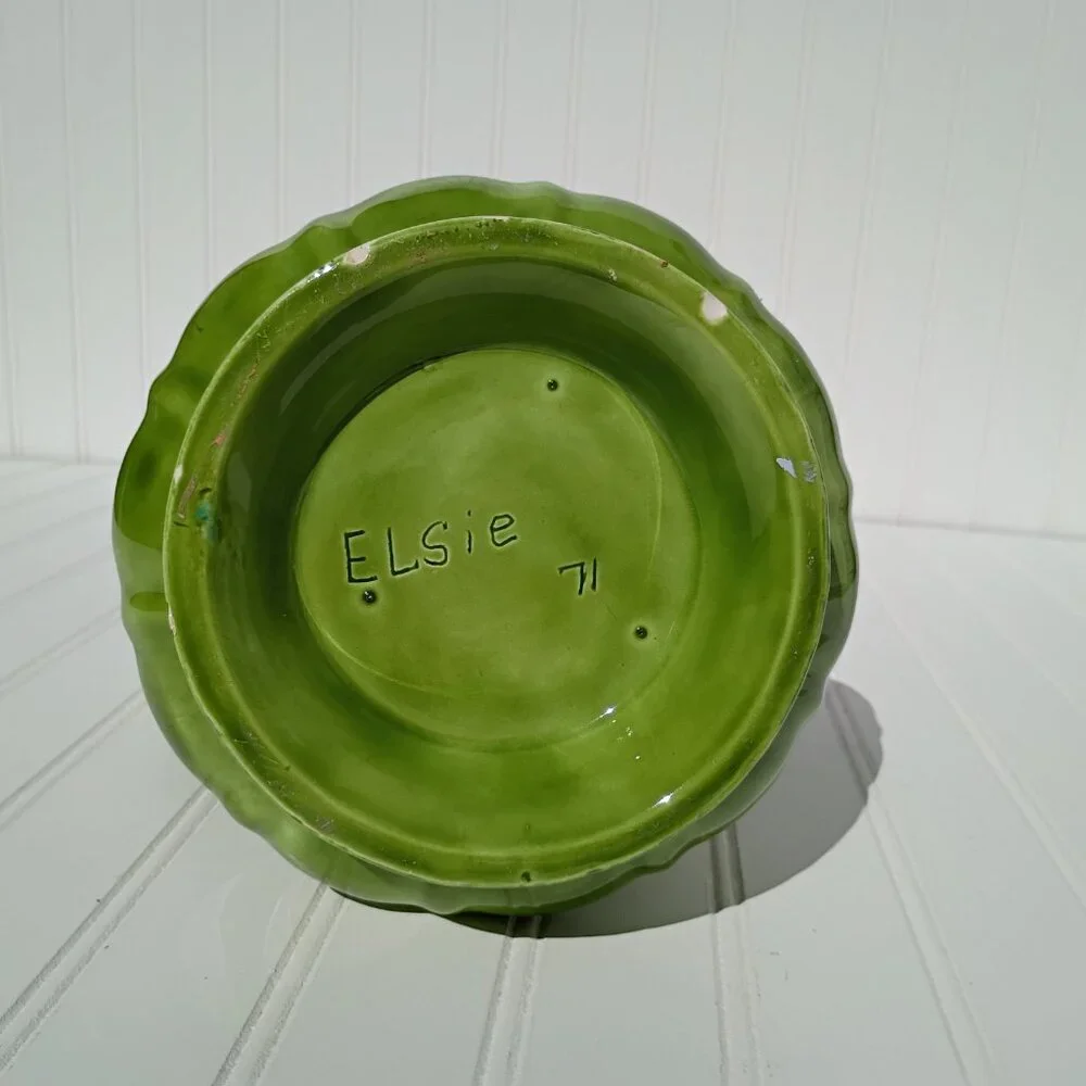 Mid-Century Green Pitcher Relief Pub Horse Scene Embossed Ceramic Signed 1971